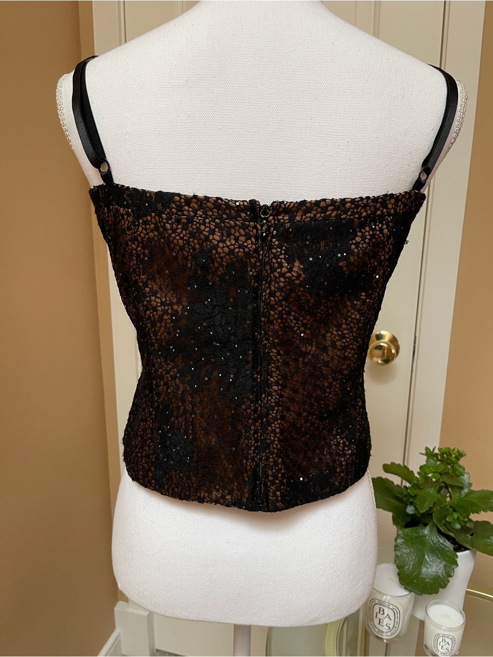 St. John Black Lace Sequin Bustier Top Bronze Lining Size 6 $995 - Picture 9 of 11